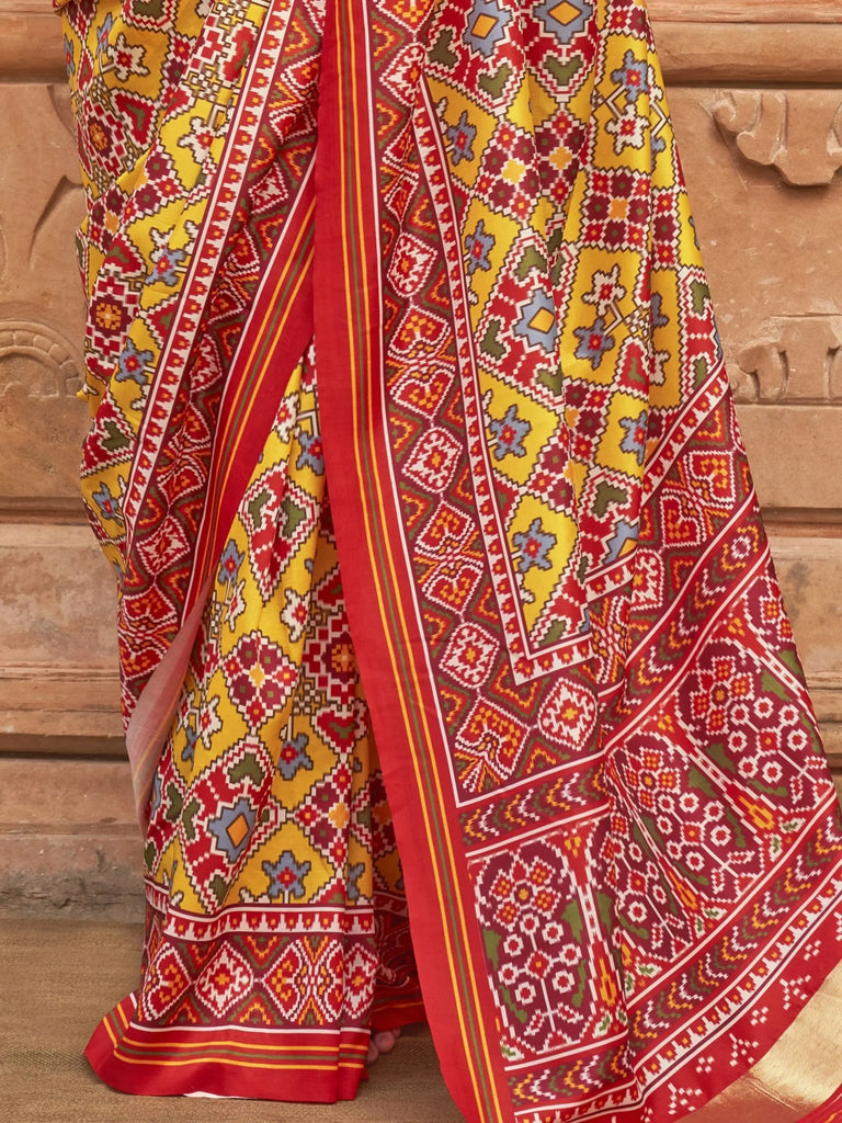Attractive Mustard Yellow Patola Printed Silk Saree With Blouse