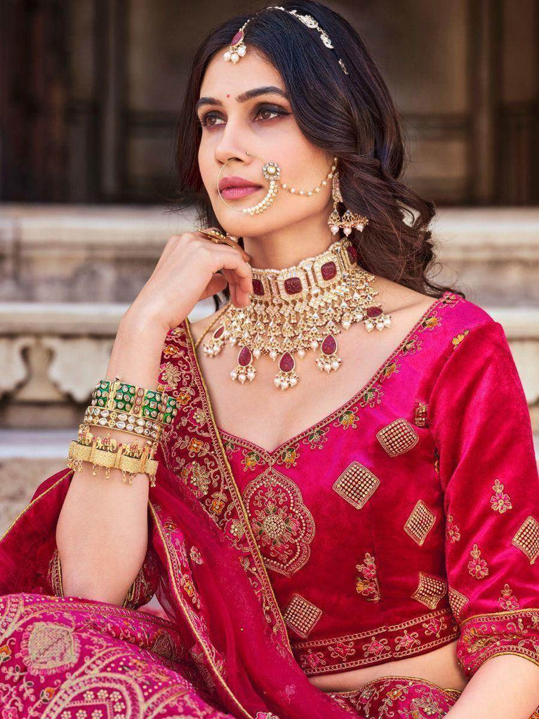 Blushing Pink Embroidered Velvet Bridal Wear Lehenga Choli