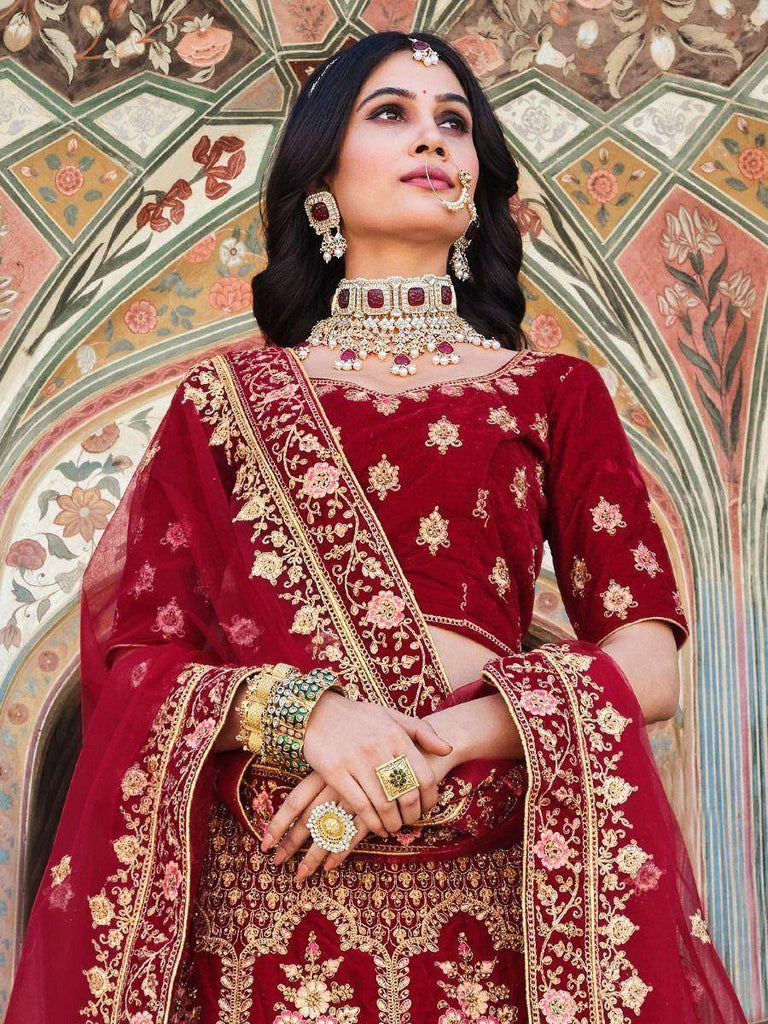 Radiate Maroon Coding Embroidered Velvet Bridal Lehenga Choli