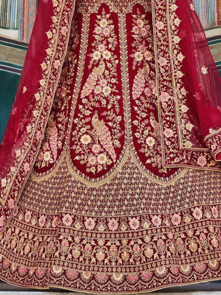 Radiate Maroon Coding Embroidered Velvet Bridal Lehenga Choli