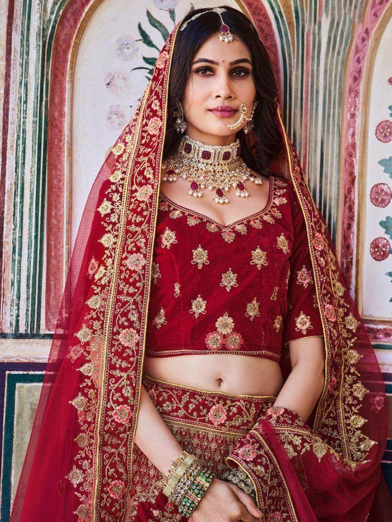 Radiate Maroon Coding Embroidered Velvet Bridal Lehenga Choli