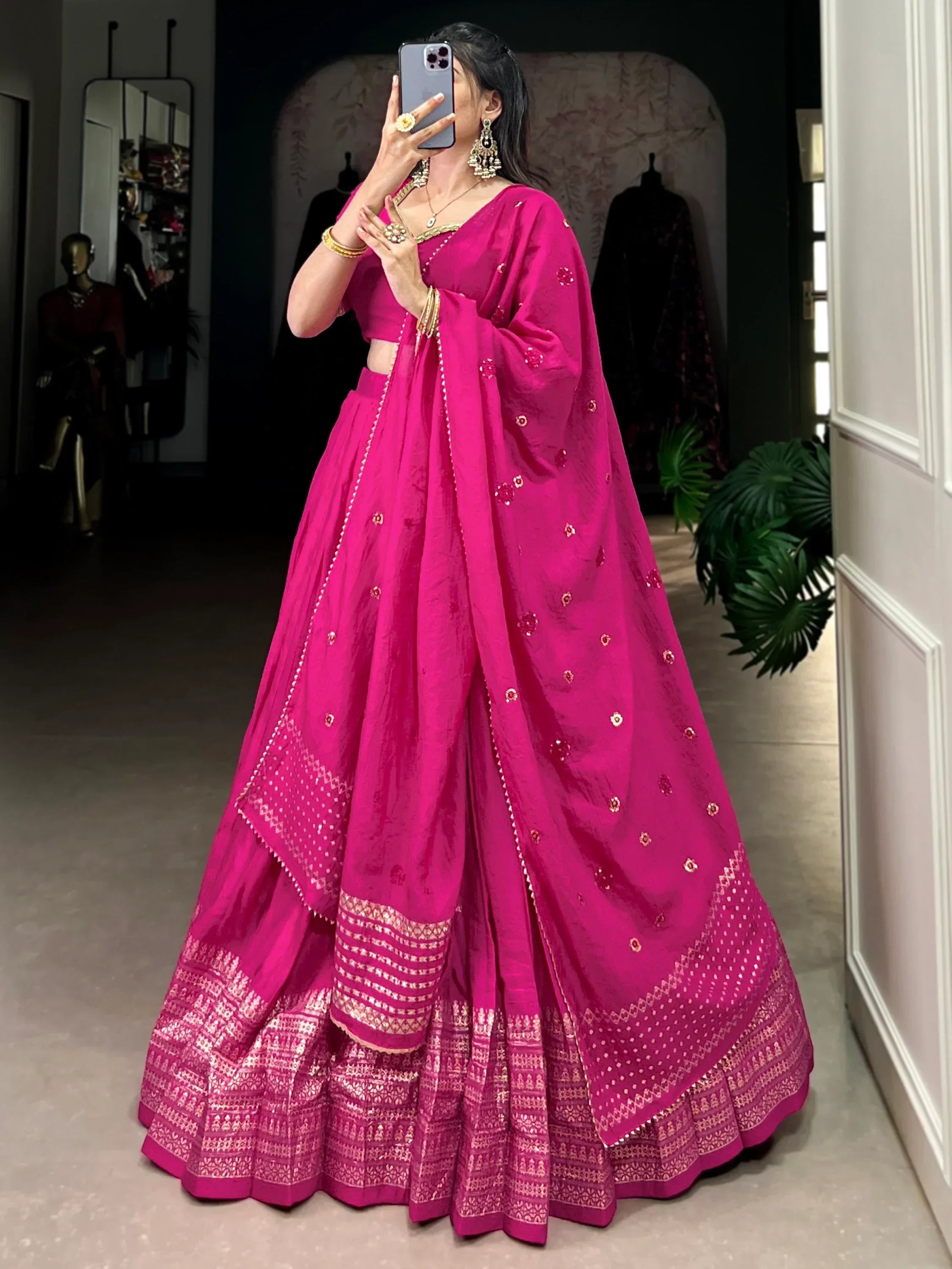 Sophisticated Pink Zari Weaving Border Chanderi Silk Lehenga Choli - Ethnic Plus In