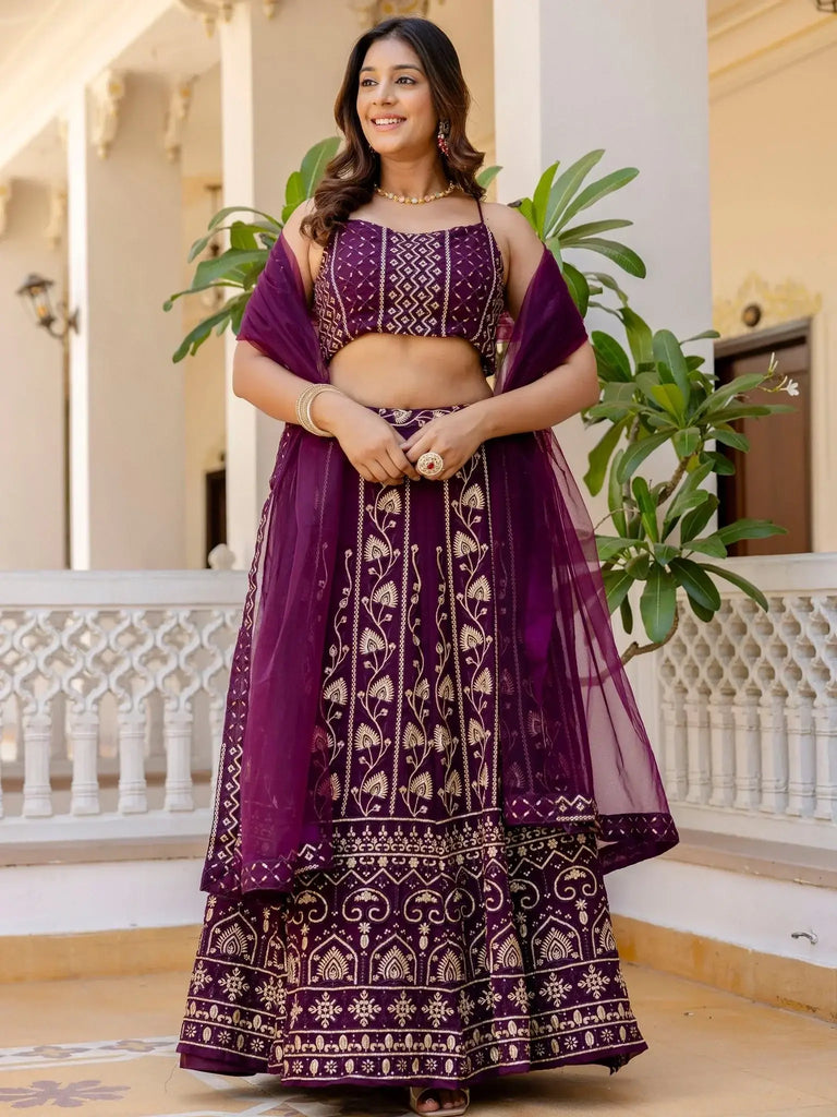 Sophisticated Wine Georgette Sequins Party Wear Lehenga Choli - Ethnic Plus In