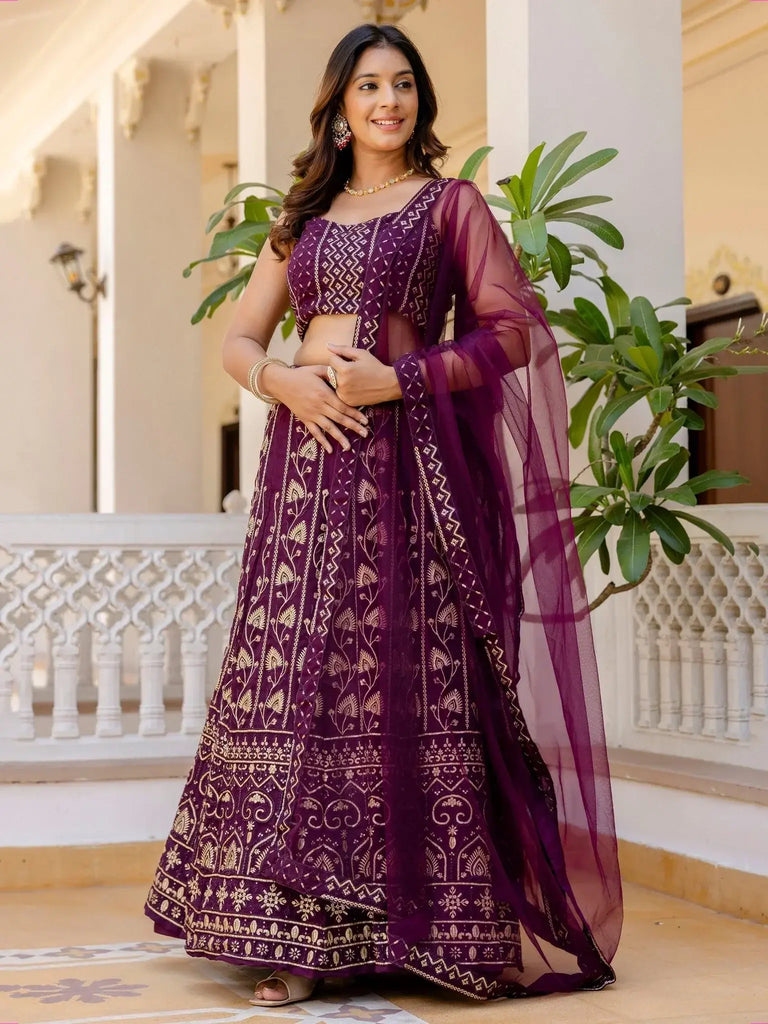 Sophisticated Wine Georgette Sequins Party Wear Lehenga Choli - Ethnic Plus In