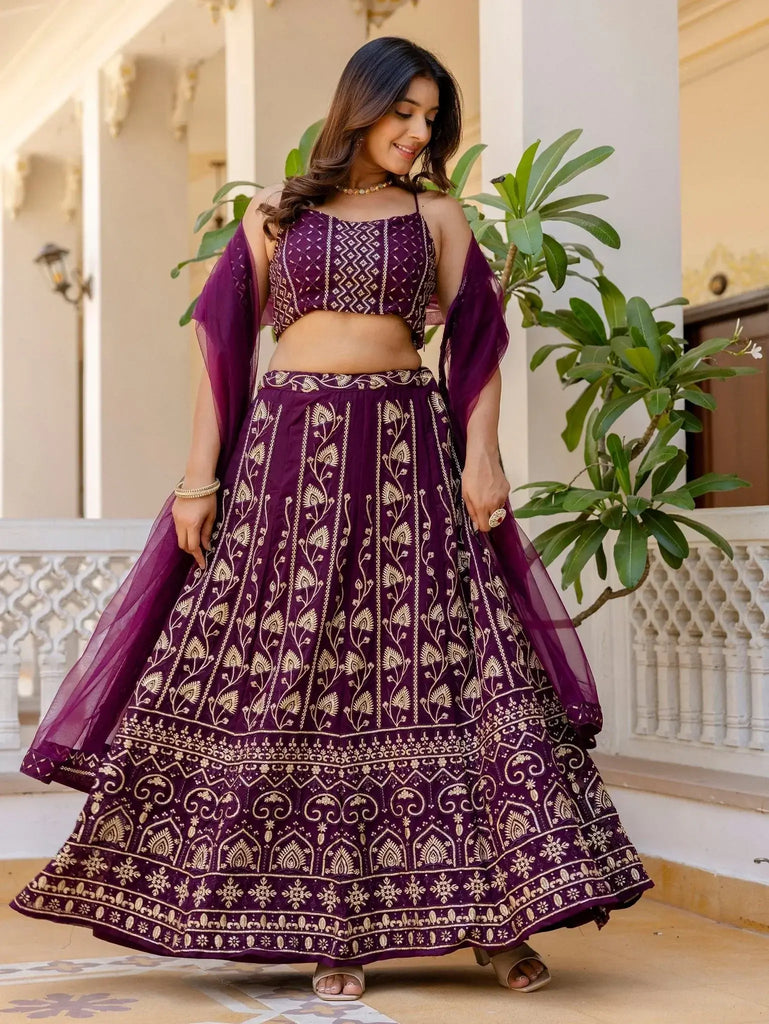 Sophisticated Wine Georgette Sequins Party Wear Lehenga Choli - Ethnic Plus In