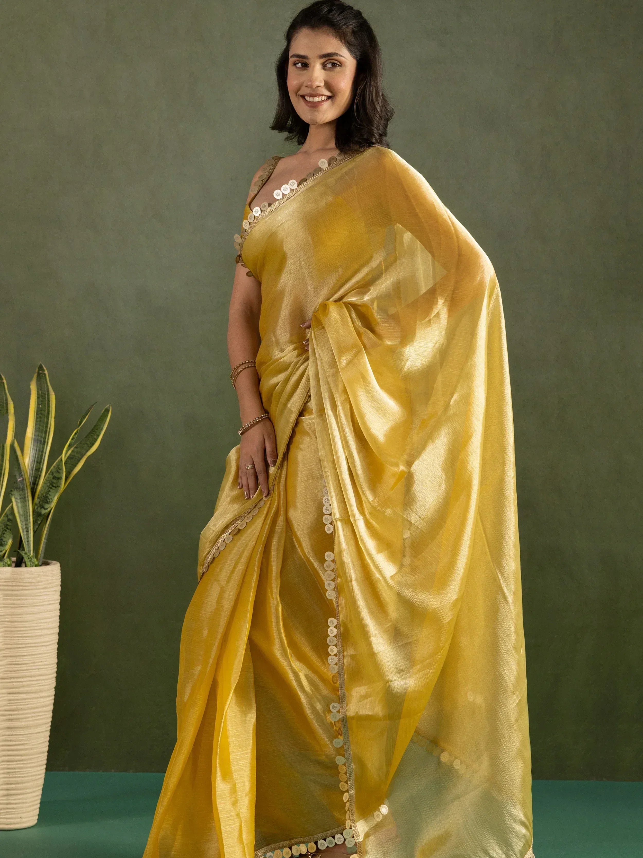 Yellow saree with sequin border, Indian ethnic wear for women