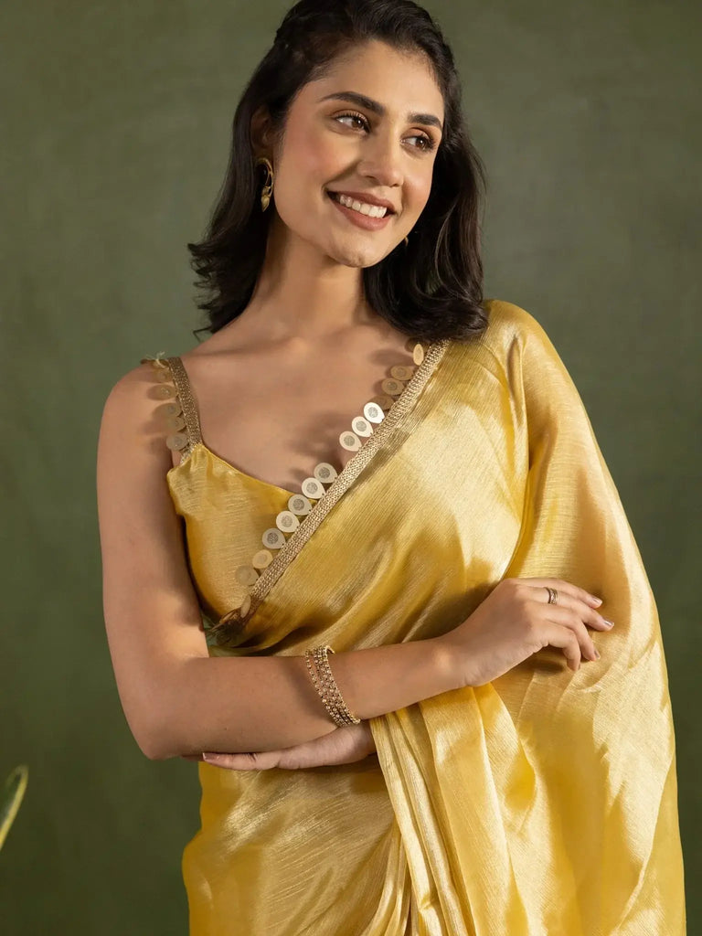 Sophisticated Yellow Chiffon Lace Work Pre - Stitched Saree - Ethnic Plus In