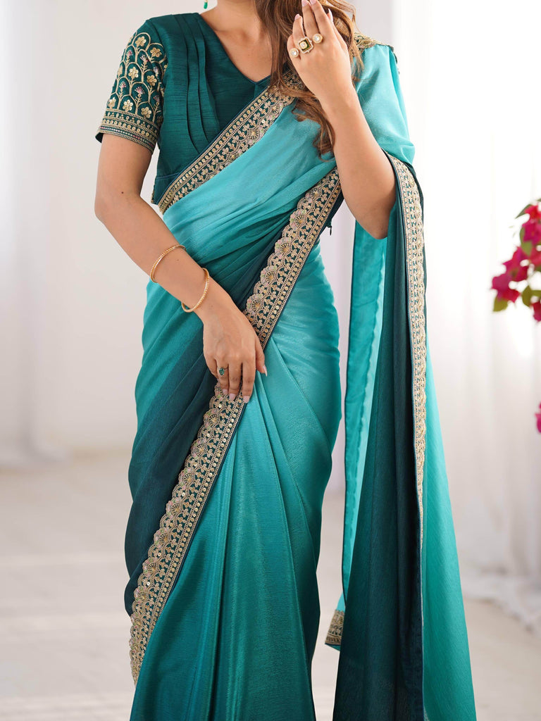 Charming Teal Blue Shaded Chinon Event Wear Saree With Blouse