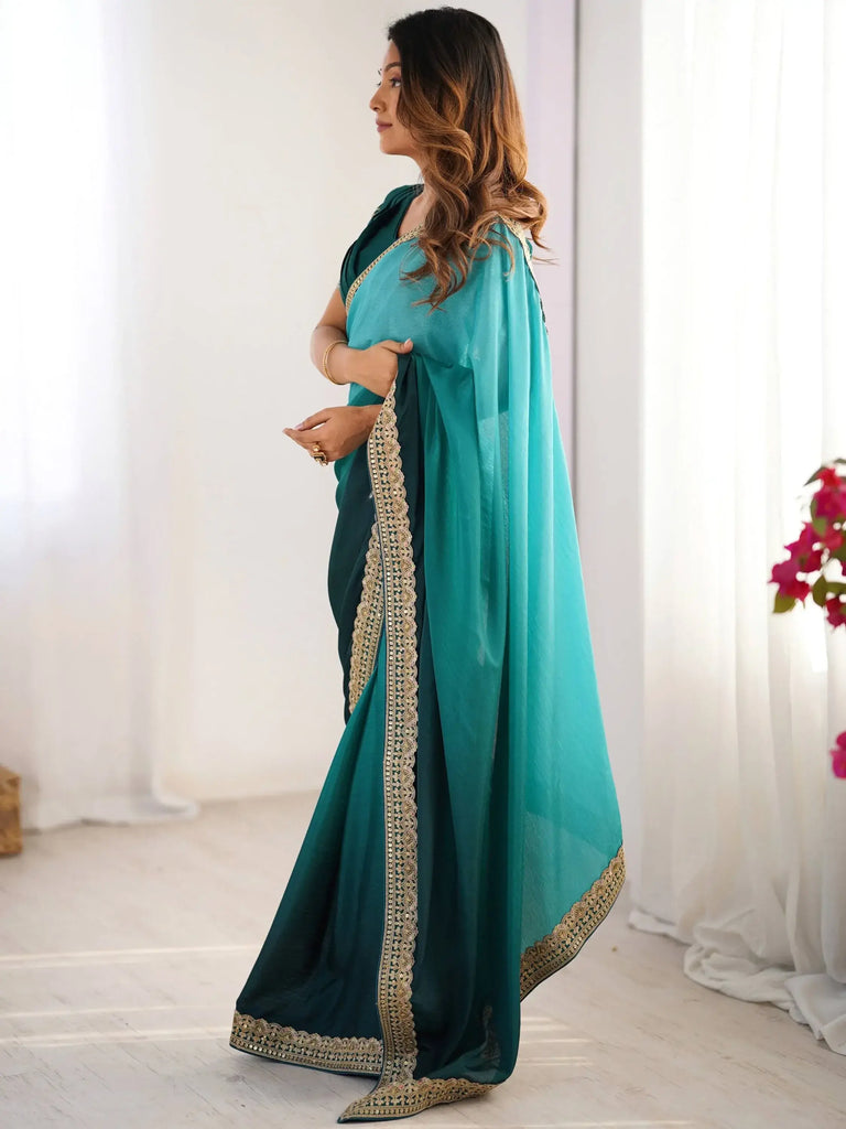 Charming Teal Blue Shaded Chinon Event Wear Saree With Blouse