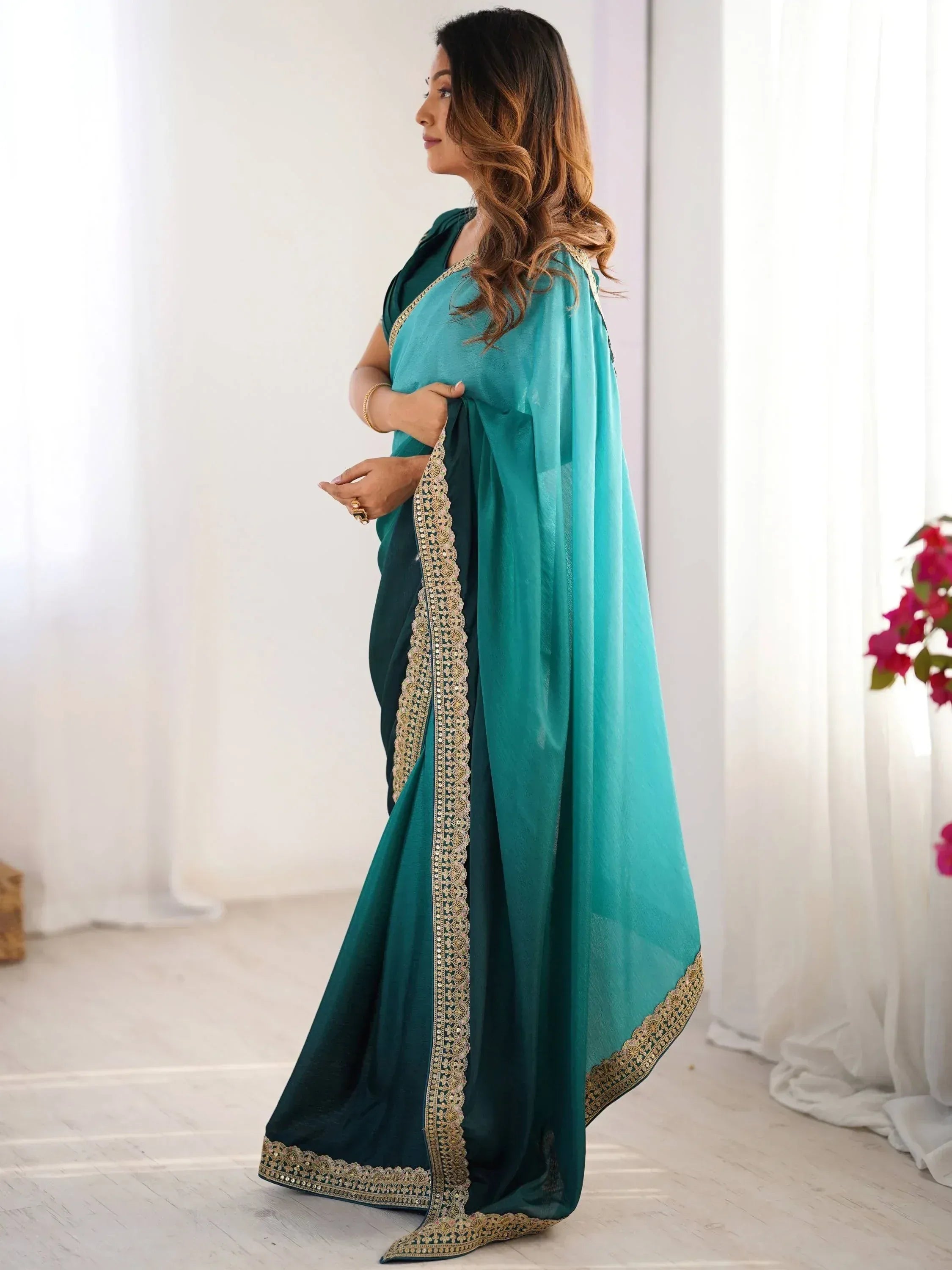 Teal green saree with gold embroidery, Indian ethnic wear for women