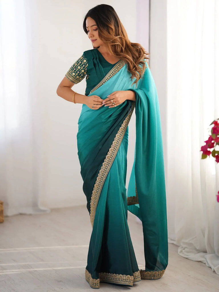 Charming Teal Blue Shaded Chinon Event Wear Saree With Blouse