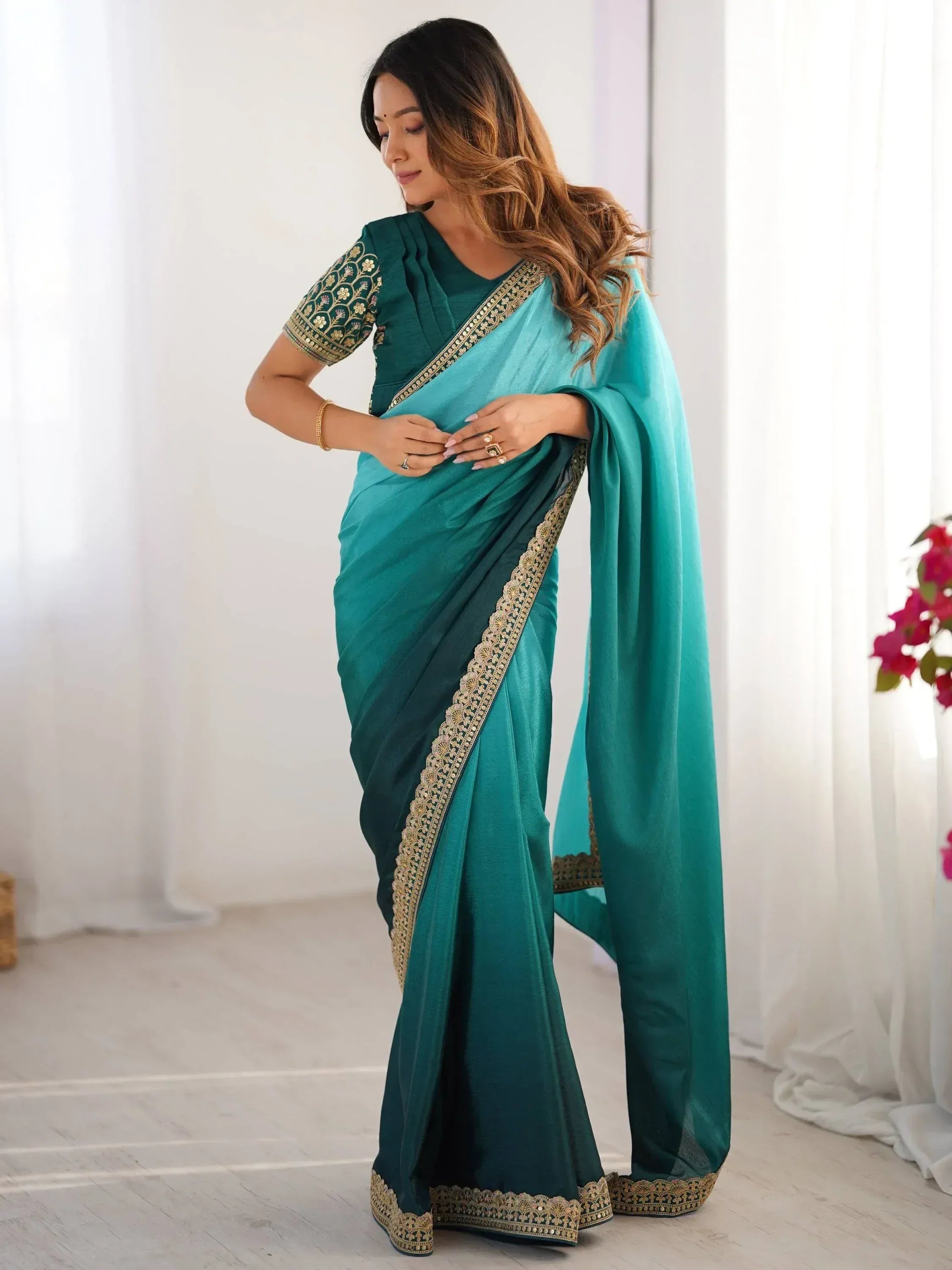 Teal green saree with gold embroidery, designer blouse, ethnic wear for women