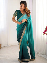 Charming Teal Blue Shaded Chinon Event Wear Saree With Blouse