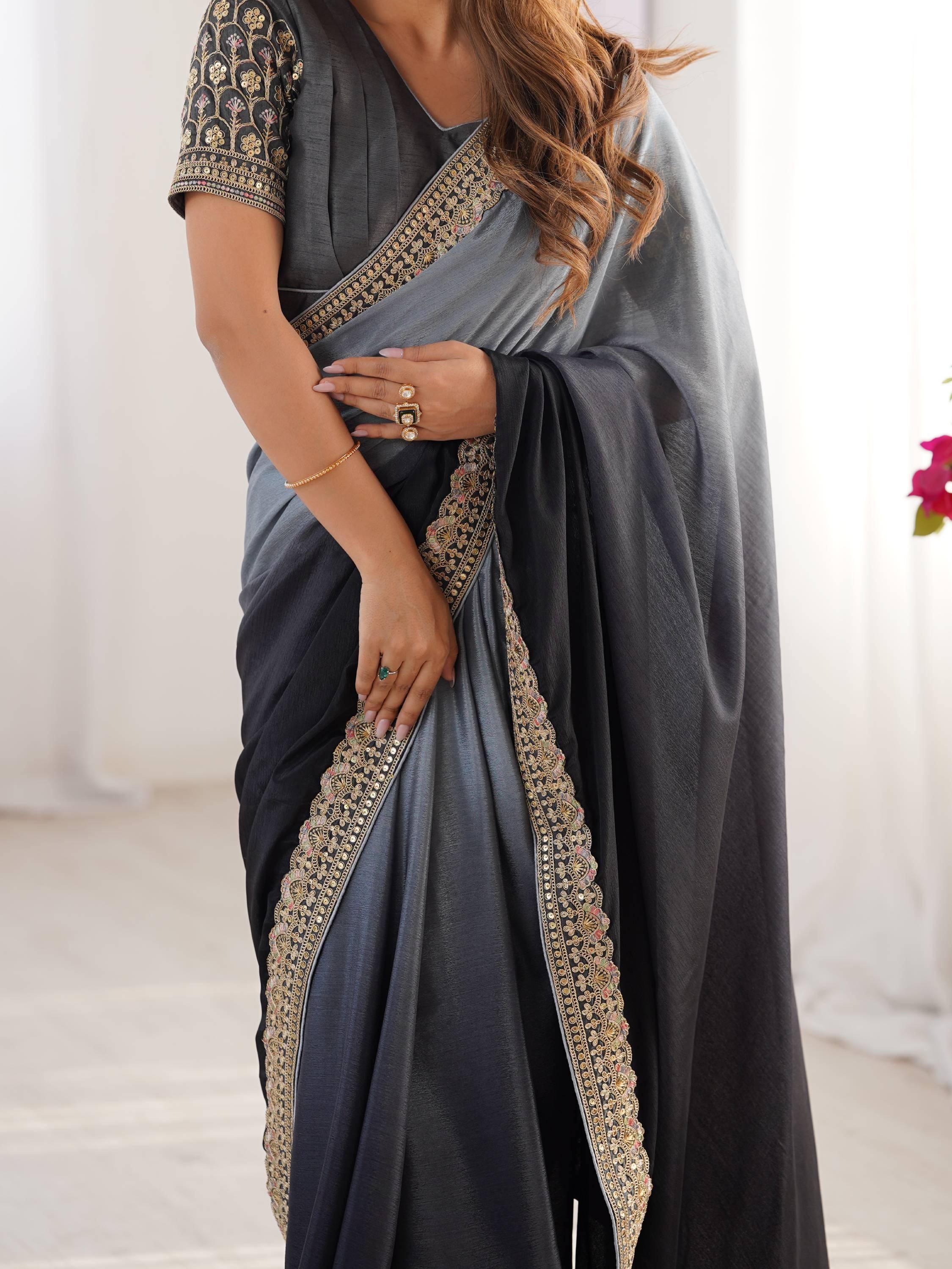 Grey designer saree with gold floral embroidery and sequin work, perfect for ethnic occasions