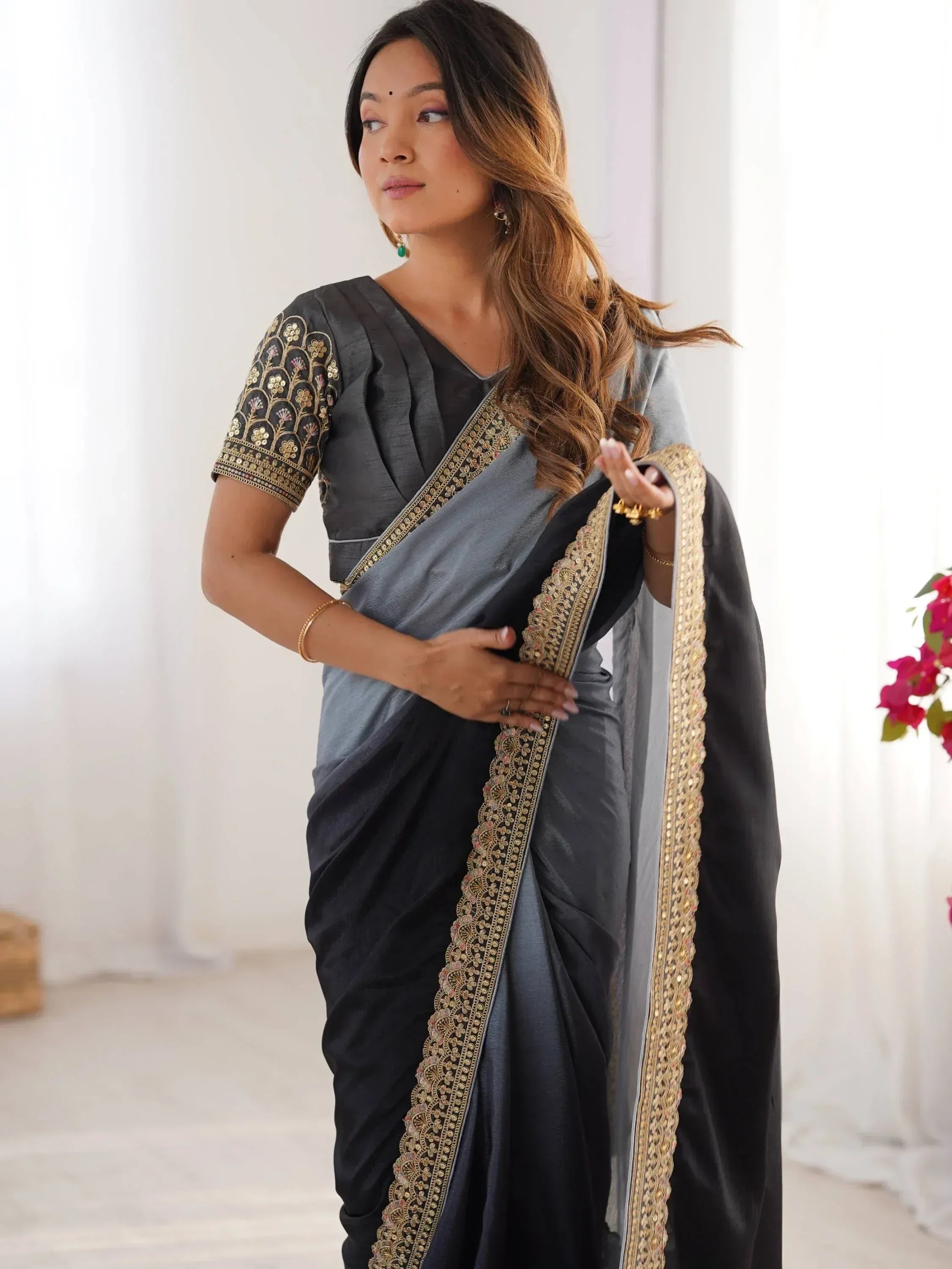 Grey and black saree with gold embroidery, Indian ethnic wear for women