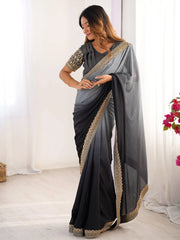 Delightful Grey Shaded Chinon Wedding Wear Saree With Blouse