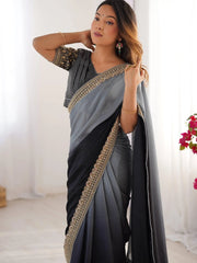 Delightful Grey Shaded Chinon Wedding Wear Saree With Blouse