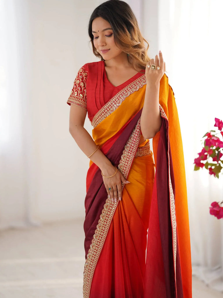 Exquisite Coral Red Shaded Chinon Festive Wear Saree With Blouse