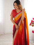 Exquisite Coral Red Shaded Chinon Festive Wear Saree With Blouse