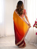 Exquisite Coral Red Shaded Chinon Festive Wear Saree With Blouse