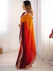 Exquisite Coral Red Shaded Chinon Festive Wear Saree With Blouse