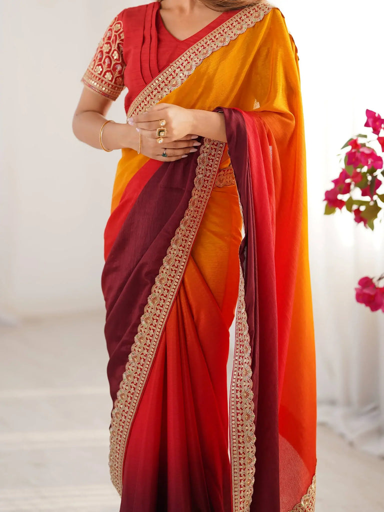 Exquisite Coral Red Shaded Chinon Festive Wear Saree With Blouse