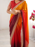 Exquisite Coral Red Shaded Chinon Festive Wear Saree With Blouse