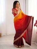Exquisite Coral Red Shaded Chinon Festive Wear Saree With Blouse