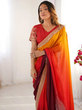 Exquisite Coral Red Shaded Chinon Festive Wear Saree With Blouse