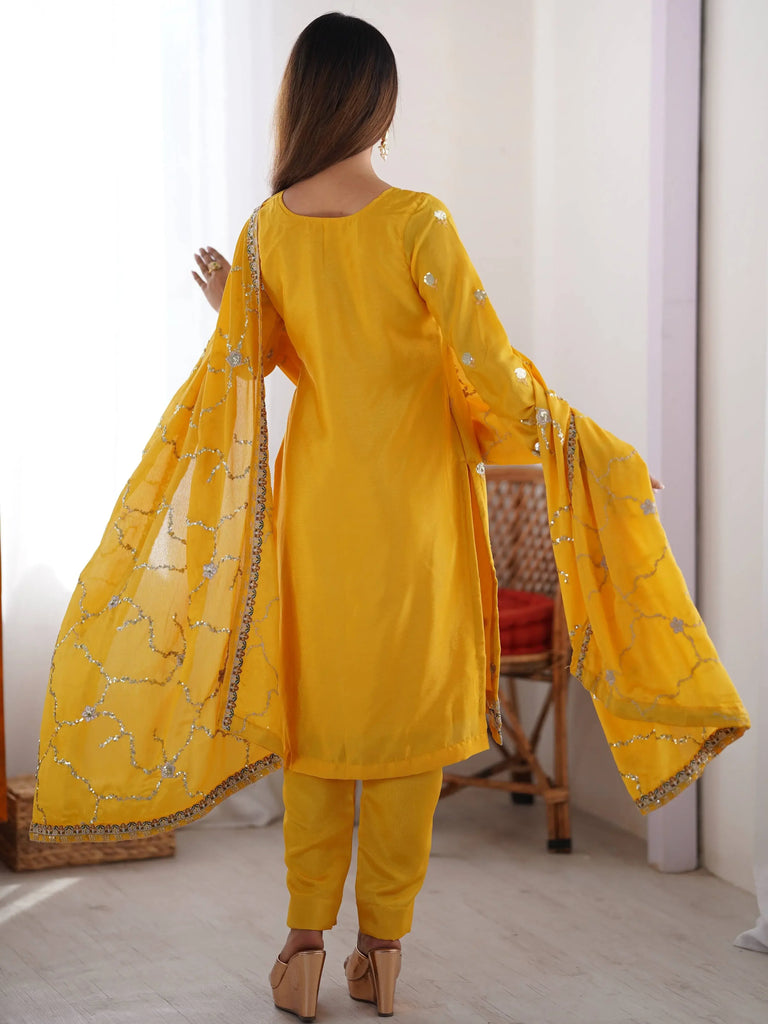 Fantastic Yellow Sequins Work Chinon Haldi Wear Pant Suit With Dupatta