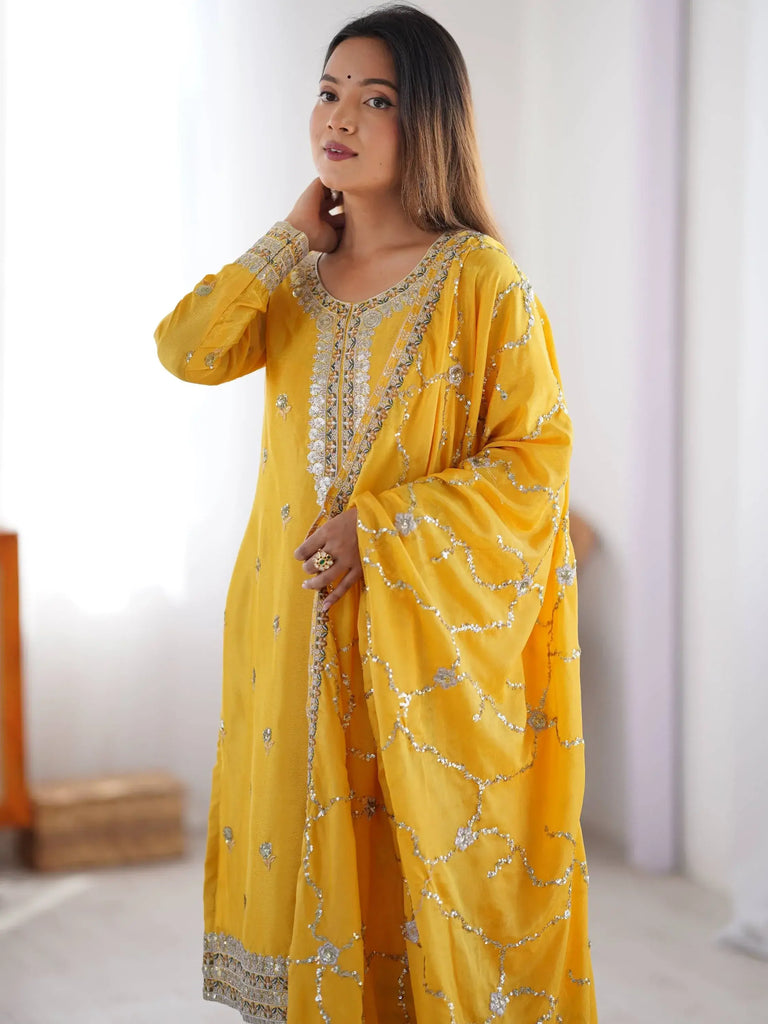 Fantastic Yellow Sequins Work Chinon Haldi Wear Pant Suit With Dupatta