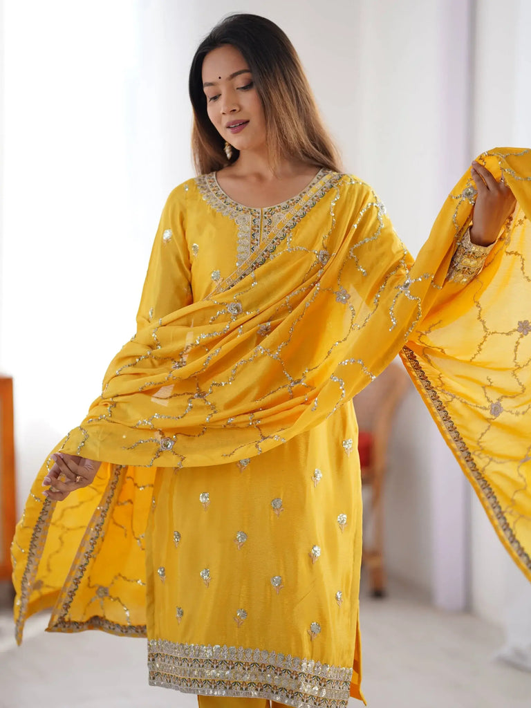 Fantastic Yellow Sequins Work Chinon Haldi Wear Pant Suit With Dupatta