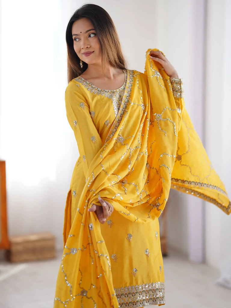 Fantastic Yellow Sequins Work Chinon Haldi Wear Pant Suit With Dupatta