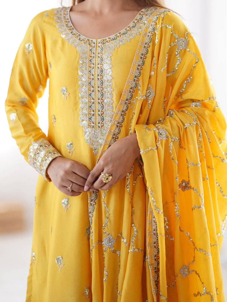 Fantastic Yellow Sequins Work Chinon Haldi Wear Pant Suit With Dupatta