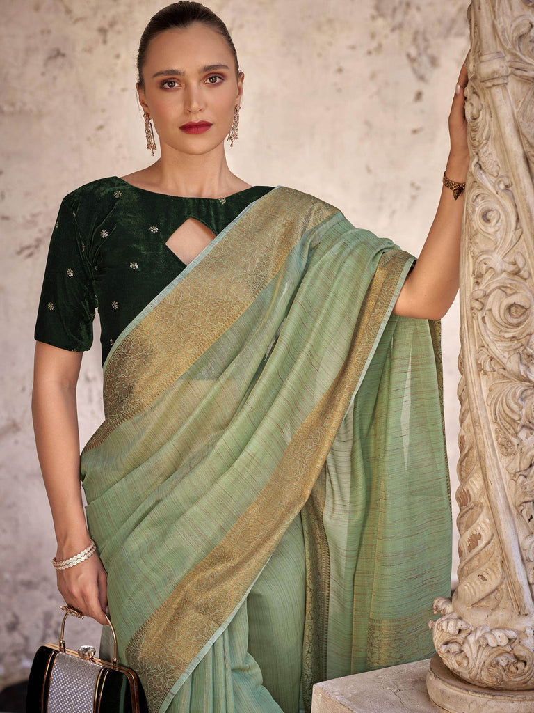 Beautiful Pista Green Zari Weaving Tissue Silk Festival Wear Saree