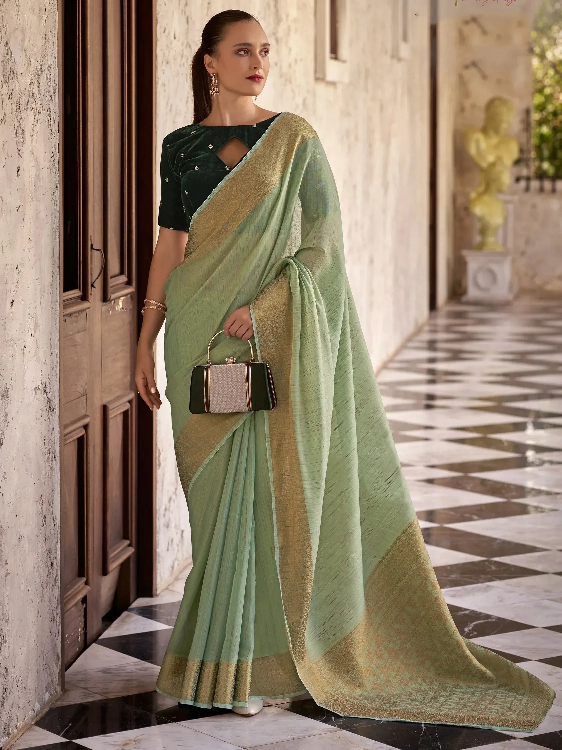 Woman in mint green saree with gold border, paired with dark green velvet blouse, elegant ethnic wear