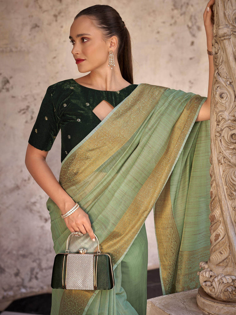 Beautiful Pista Green Zari Weaving Tissue Silk Festival Wear Saree