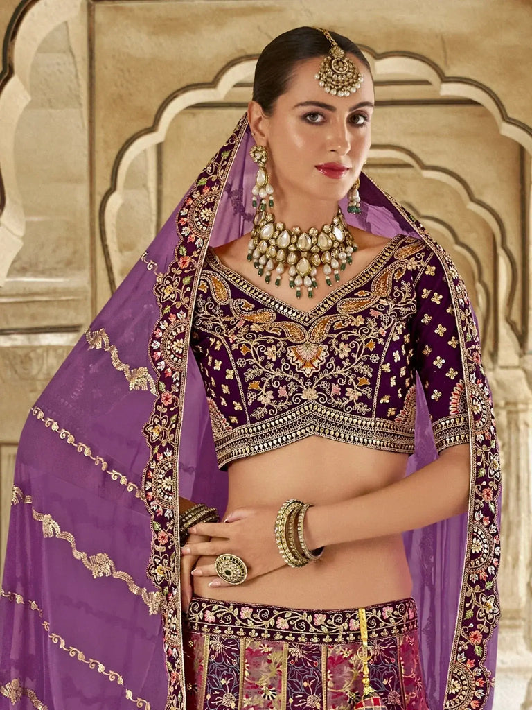 Sparkle Wine Embroidery Work Banarasi Silk Wedding Wear Lehenga Choli - Ethnic Plus In