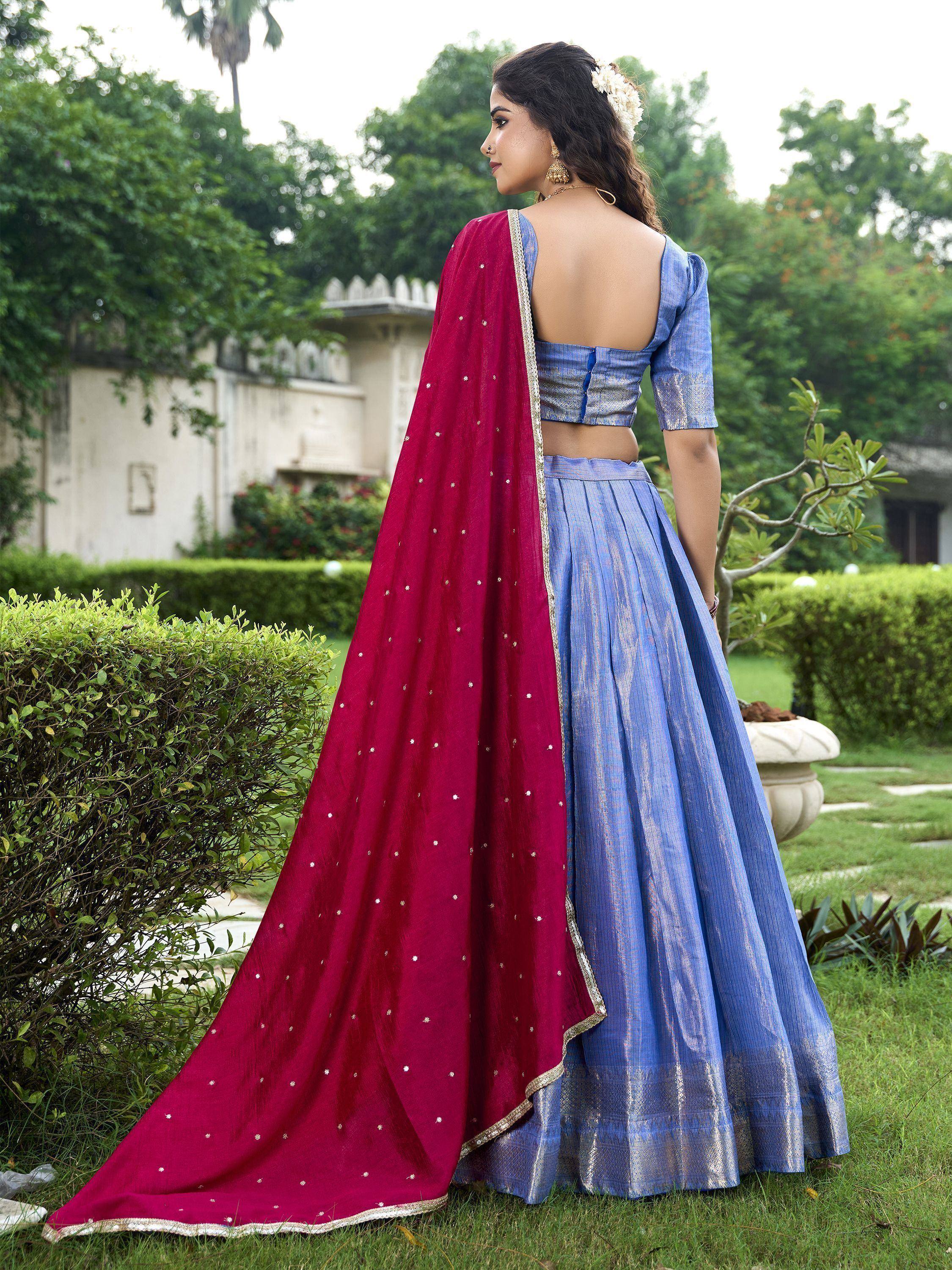 Blue lehenga choli with backless blouse and maroon dupatta, Indian ethnic wear for women