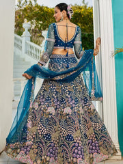 Spectacular Blue Thread Work Net Wedding Lehenga Choli With Dupatta - Ethnic Plus In