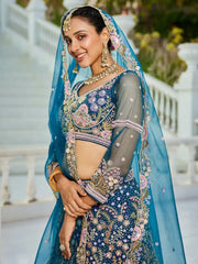 Spectacular Blue Thread Work Net Wedding Lehenga Choli With Dupatta - Ethnic Plus In