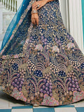 Spectacular Blue Thread Work Net Wedding Lehenga Choli With Dupatta - Ethnic Plus In