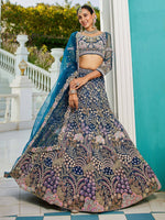 Spectacular Blue Thread Work Net Wedding Lehenga Choli With Dupatta