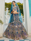 Spectacular Blue Thread Work Net Wedding Lehenga Choli With Dupatta - Ethnic Plus In