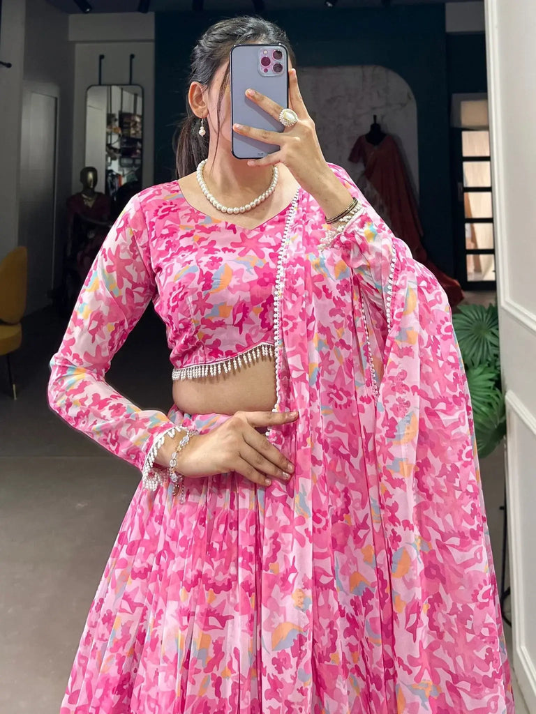 Spectacular Pink Digital Printed Georgette Party Wear Lehenga Choli - Ethnic Plus In