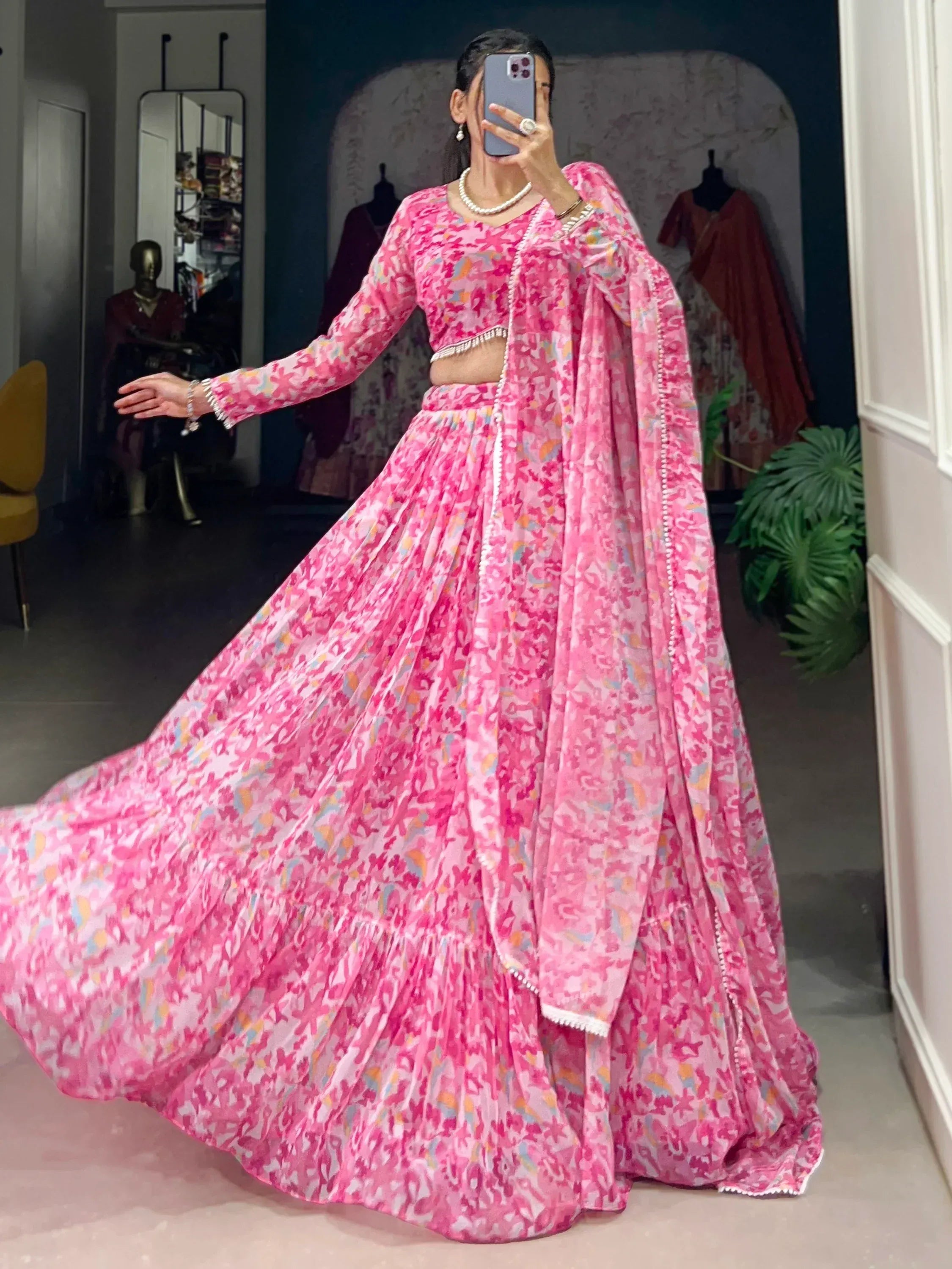 Pink floral lehenga choli with dupatta, Indian ethnic wear for women