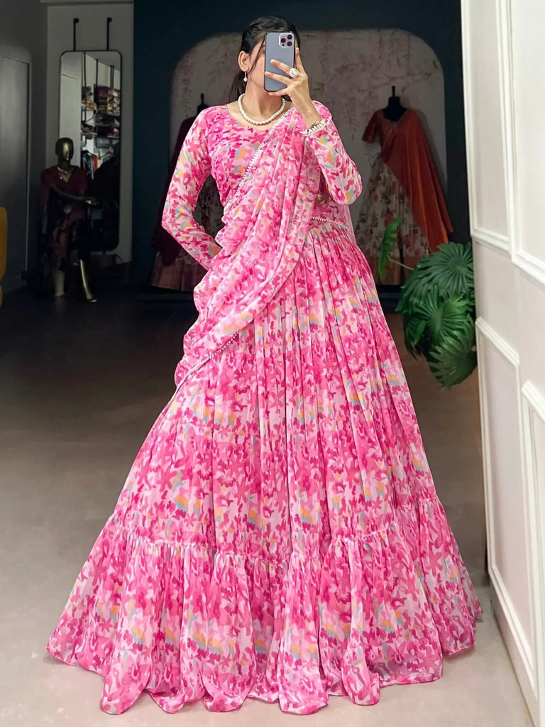 Spectacular Pink Digital Printed Georgette Party Wear Lehenga Choli - Ethnic Plus In