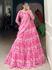 Spectacular Pink Digital Printed Georgette Party Wear Lehenga Choli - Ethnic Plus In
