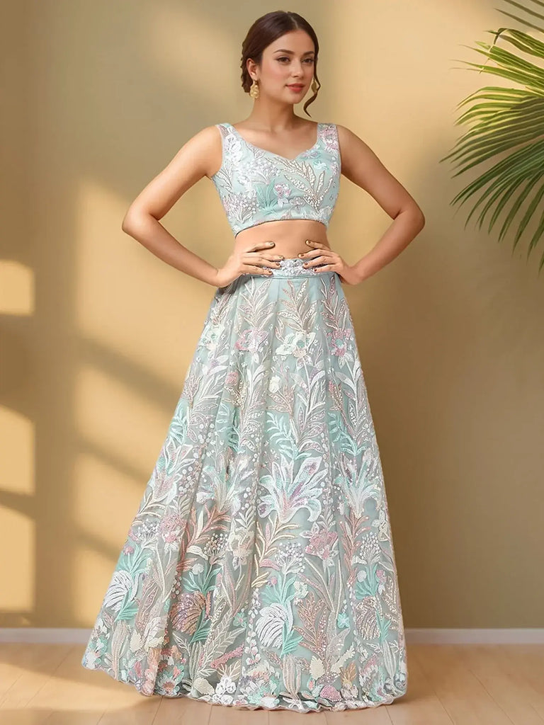 Spectacular Pista Green Sequins Net Wedding Wear Lehenga Choli - Ethnic Plus In