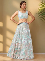 Spectacular Pista Green Sequins Net Wedding Wear Lehenga Choli - Ethnic Plus In